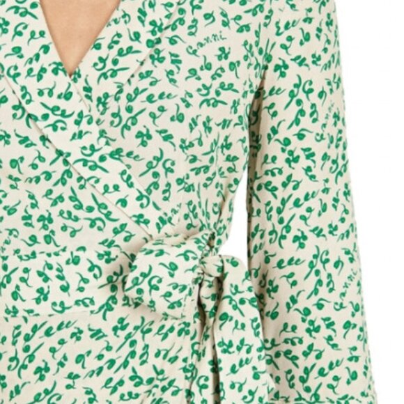 Ganni Ivory & Green Floral Print Crepe Wrap Dress Sz 40 (US 8) NWT - Picture 6 of 11